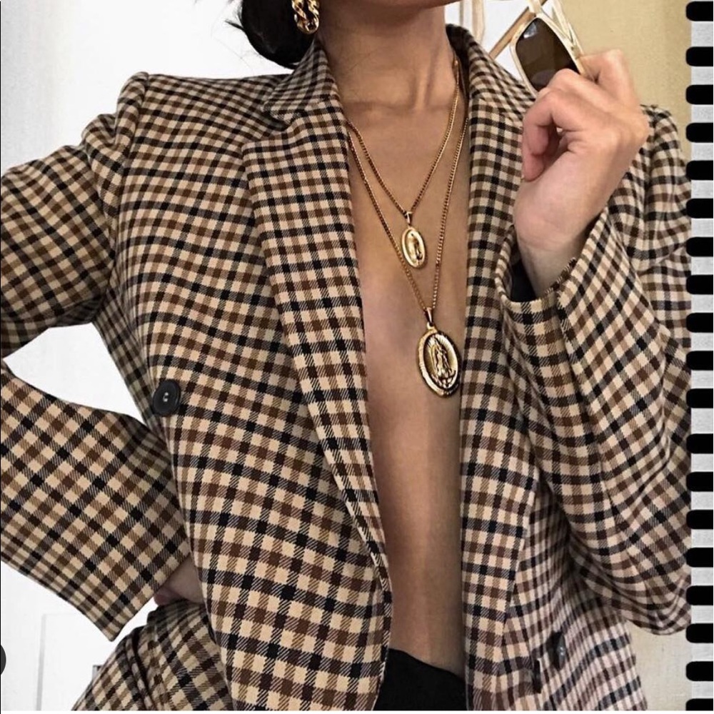 Zara Brown/Black/Beige Plaid Double Breast Blazer